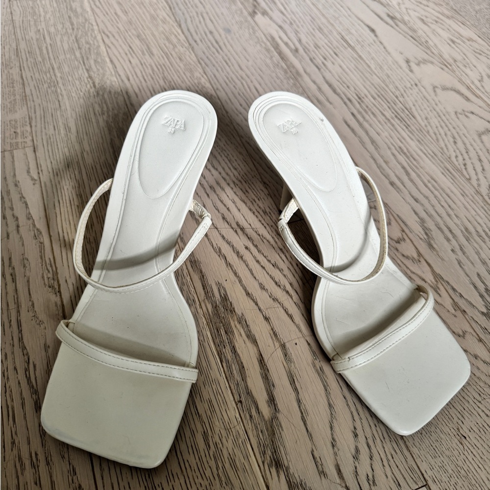 Zara White Heeled Sandals with Square Toe